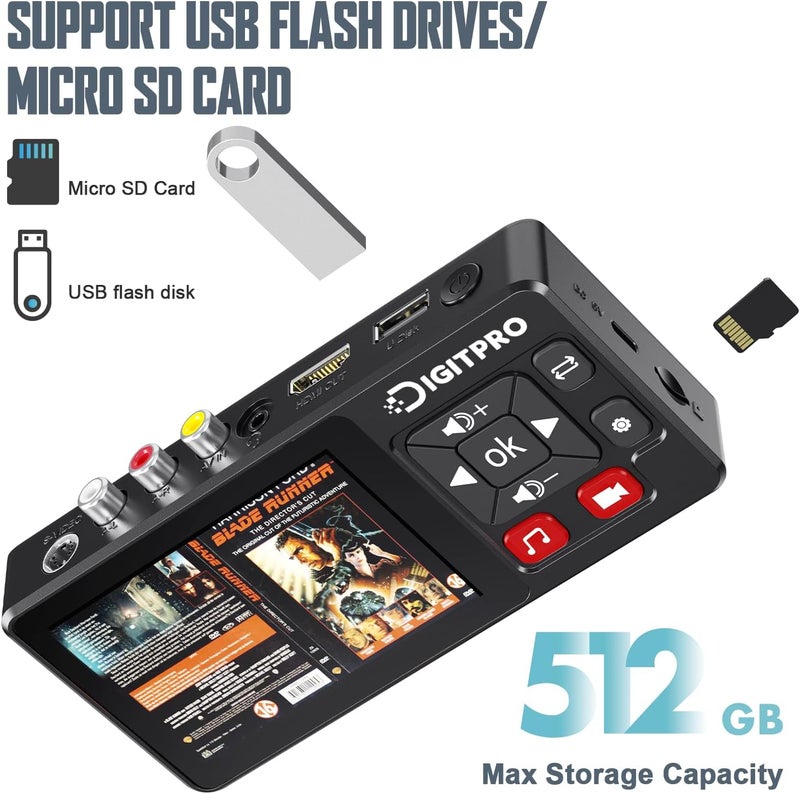 DigitPro Store محول VHS إلى رقمي 2.0، مسجل فيديو رقمي عالي الدقة مع جهاز تحكم عن بعد، تحويل تسجيل الفيديو والصوت التناظري من VHS/VCR، DVR/DVD/Hi8/مشغلات Mini DV/كاميرا الفيديو إلى رقمي (تحتاج إلى مشغلات) - Image 5